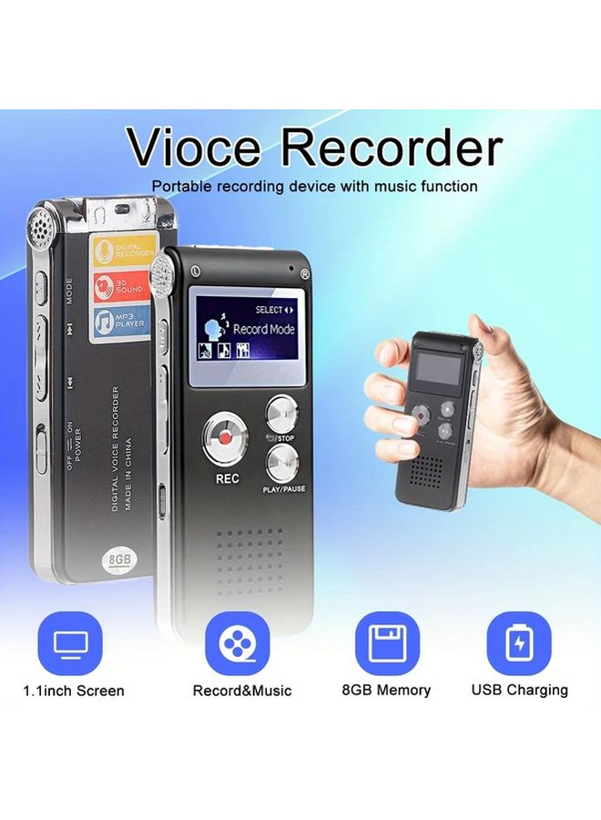 مسجل صوت رقمي أسود 8 جيجابايت قابل لإعادة الشحن مشغل MP3 مكبر صوت شحن عبر USB - Image 1